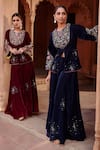 Shop_Ajiesh Oberoi_Wine Velvet Embroidered Thread Round Jacket And Sharara Set _Online_at_Aza_Fashions