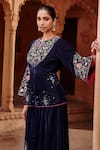 Shop Ajiesh Oberoi Blue Velvet Sequins, Beads Round Neck Embroidered Jacket And Sharara Set Online at Aza Fashions Shop_Ajiesh Oberoi_Blue Velvet Sequins, Beads Round Neck Embroidered Jacket And Sharara Set _Online_at_Aza_Fashions
