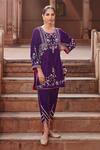 Buy_Ajiesh Oberoi_Purple Velvet Embroidered Dori Round Short Kurta Set _Online_at_Aza_Fashions