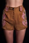 Buy_Seesa_Gold Viscose Satin Applique Hand Embroidered Floral Patch Shorts _Online_at_Aza_Fashions