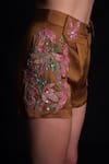 Shop_Seesa_Gold Viscose Satin Applique Hand Embroidered Floral Patch Shorts _Online_at_Aza_Fashions