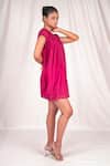 Seesa_Pink Silk, Chiffon Round Neck Gathered Short Dress_Online_at_Aza_Fashions