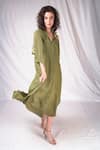 Seesa_Green Crepe Silk Embroidery Sunflower Mandarin Collar Sleeve Kaftan _Online_at_Aza_Fashions