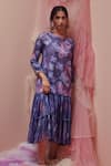 Buy_Saundh_Blue Cotton, Chiffon Gota Patti, Beads, Embroidery Petunia Printed Tiered Dress _Online_at_Aza_Fashions