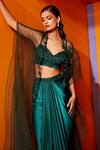 Roqa_Emerald Green Blouse : Net Hand Embroidered Cape Jacket Dhoti Set For Women_Online_at_Aza_Fashions