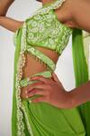 Asaga_Green Silk, Georgette, Linen Embroidery, Stella Pre-draped Tiered Saree Set _at_Aza_Fashions