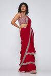 Asaga_Maroon Silk, Georgette Embroidery Square Neck Keva Pre-draped Saree _at_Aza_Fashions