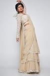 Asaga_Beige Silk, Georgette Bows, Embroidery Sweetheart Neck Kate Pre-draped Saree _at_Aza_Fashions