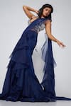 Asaga_Blue Chiffon Embroidered Floral V Neck Ella Pre-draped Saree _Online_at_Aza_Fashions