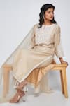 Asaga Beige Chanderi, Muslin, Organza Embroidery V-neck Zoey Floral Kurta Set Online at Aza Fashions Asaga_Beige Chanderi, Muslin, Organza Embroidery V-neck Zoey Floral Kurta Set _Online_at_Aza_Fashions