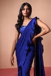 Soha by Harleen and Sona_Blue Saree Chinnon Chiffon Silk Work Blouse With Ruffled Pre-stitched _Online_at_Aza_Fashions