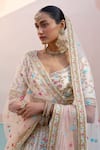 Angad Singh_Ivory Silk, Net Sequins, Cut Work Asymmetric Stripe Pattern Bridal Lehenga Set _Online_at_Aza_Fashions
