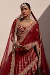 Angad Singh_Maroon Raw Silk Embroidery Zardozi Leaf Neck Floral Bridal Lehenga Set _Online_at_Aza_Fashions