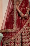 Angad Singh_Maroon Raw Silk Embroidery Zardozi Leaf Neck Floral Bridal Lehenga Set _at_Aza_Fashions