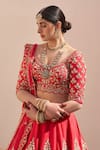 Angad Singh_Red Raw Silk Embroidered Zardozi Plunge Neck Bridal Lehenga Set _Online_at_Aza_Fashions