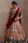 Angad Singh_Beige Raw Silk Embroidery Zardozi Leaf Neck Bridal Lehenga Set _Online