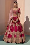 Angad Singh_Wine Silk, Chiffon Cut Work, Embroidered Scallop Border Bridal Lehenga Set _Online_at_Aza_Fashions
