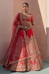 Angad Singh_Red Silk Cut Work, Sequins Plunge Flower Embroidered Raw Bridal Lehenga Set _Online_at_Aza_Fashions