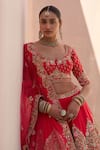 Buy_Angad Singh_Red Silk Cut Work, Sequins Plunge Flower Embroidered Raw Bridal Lehenga Set _Online_at_Aza_Fashions