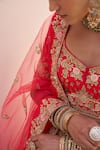 Shop_Angad Singh_Red Silk Cut Work, Sequins Plunge Flower Embroidered Raw Bridal Lehenga Set _Online_at_Aza_Fashions