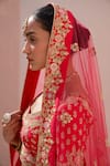 Angad Singh_Red Silk Cut Work, Sequins Plunge Flower Embroidered Raw Bridal Lehenga Set _at_Aza_Fashions