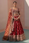 Angad Singh_Maroon Raw Silk Embroidered Zardozi Plunge V Neck Floral Bridal Lehenga Set _Online_at_Aza_Fashions