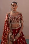 Angad Singh_Maroon Raw Silk Embroidered Zardozi Plunge V Neck Floral Bridal Lehenga Set _at_Aza_Fashions