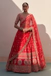 Angad Singh_Red Raw Silk Embroidery Zardozi Leaf Neck Floral Bridal Lehenga Set _Online_at_Aza_Fashions