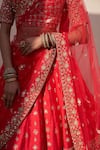 Shop_Angad Singh_Red Raw Silk Embroidery Zardozi Leaf Neck Floral Bridal Lehenga Set _Online_at_Aza_Fashions