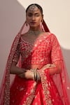 Angad Singh_Red Raw Silk Embroidery Zardozi Leaf Neck Floral Bridal Lehenga Set _at_Aza_Fashions