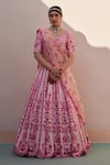 Angad Singh_Pink Raw Silk Embroidery Zardozi Leaf Neck Floral Bridal Lehenga Set _Online_at_Aza_Fashions