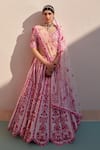 Shop_Angad Singh_Pink Raw Silk Embroidery Zardozi Leaf Neck Floral Bridal Lehenga Set 