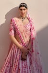 Angad Singh_Pink Raw Silk Embroidery Zardozi Leaf Neck Floral Bridal Lehenga Set _Online