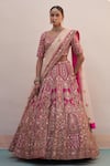 Angad Singh_Pink Raw Silk Embroidered Zardozi Plunge V Neck Bridal Lehenga Set _Online_at_Aza_Fashions