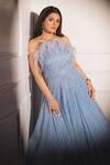 Shop Shivani Awasty Sky Blue Net Crystals, Sequins Square Neck Anna Feather Trim Gown at Aza Fashions Shop_Shivani Awasty_Sky Blue Net Crystals, Sequins Square Neck Anna Feather Trim Gown _at_Aza_Fashions