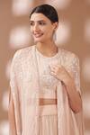 Shop_Avaha_Beige Organza Pearl Embellished Cape Skirt Set_Online_at_Aza_Fashions