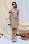 Couché By Anandini_Beige Tweed Sequin And Beads Spread Collar Top & Skirt Set _Online_at_Aza_Fashions