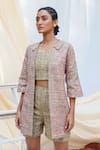 Couche_Beige Tweed Embroidery Sequin And Kimono Sleeves Jacket & Shorts Set  _Online_at_Aza_Fashions