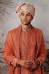 Philocaly_Orange 100% Silk Embroidery Dori Varnan Floral Sherwani Set _Online_at_Aza_Fashions