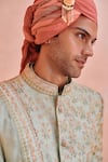 Buy_Philocaly_Green 100% Silk Embroidery Periwinkle Gulshan Flower Sherwani Set _Online_at_Aza_Fashions