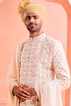 Buy_Philocaly_Ivory 100% Silk Embroidery Flower Bouquet Guldasta Sherwani Set _Online_at_Aza_Fashions