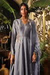 Buy_Sahil Kochhar_Grey Organza, Net Embroidery V-neck Alima Bodice Anarkali Set _Online_at_Aza_Fashions