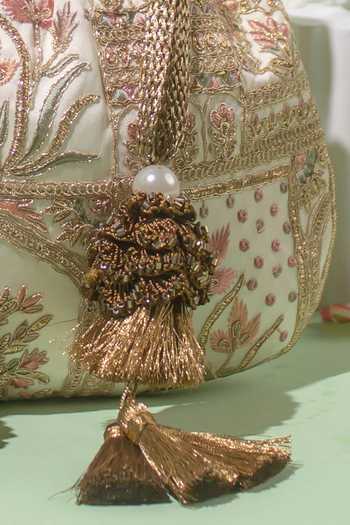 Amyra_Off White Embroidery, Tassels Amer Flower Vine Potli Bag _Online_at_Aza_Fashions