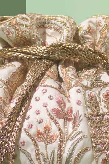 Shop_Amyra_Off White Embroidery, Tassels Amer Flower Vine Potli Bag _Online_at_Aza_Fashions