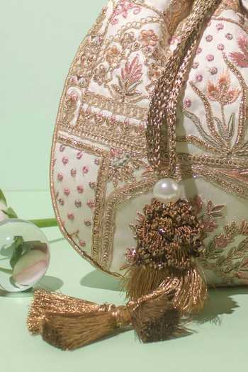 Amyra_Off White Embroidery, Tassels Amer Flower Vine Potli Bag _at_Aza_Fashions