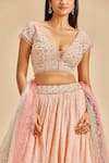 Shop_Nitika Gujral_Pink Lehenga And Blouse Georgette Embroidery Floral Plunge Checkered Pattern Set _Online_at_Aza_Fashions