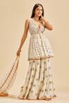 Shop Nitika Gujral Off White Top And Gharara Georgette Embroidery Resham V Neck Mirror Peplum Set Online at Aza Fashions Shop_Nitika Gujral_Off White Top And Gharara Georgette Embroidery Resham V Neck Mirror Peplum Set _Online_at_Aza_Fashions