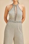 Nitika Gujral_Grey Georgette Embroidery Resham And Metallic Beads Halter Neck Jumpsuit _Online_at_Aza_Fashions
