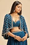 Shop_Nitika Gujral_Blue Georgette Embroidery Beads And Cutdana Sweetheart Cape Pleated Lehenga Set _Online_at_Aza_Fashions