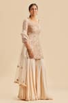 Shop_Nitika Gujral_Peach Kurta And Dupatta Net Embroidery Resham V Neck Floral Pattern Gharara Set _Online_at_Aza_Fashions